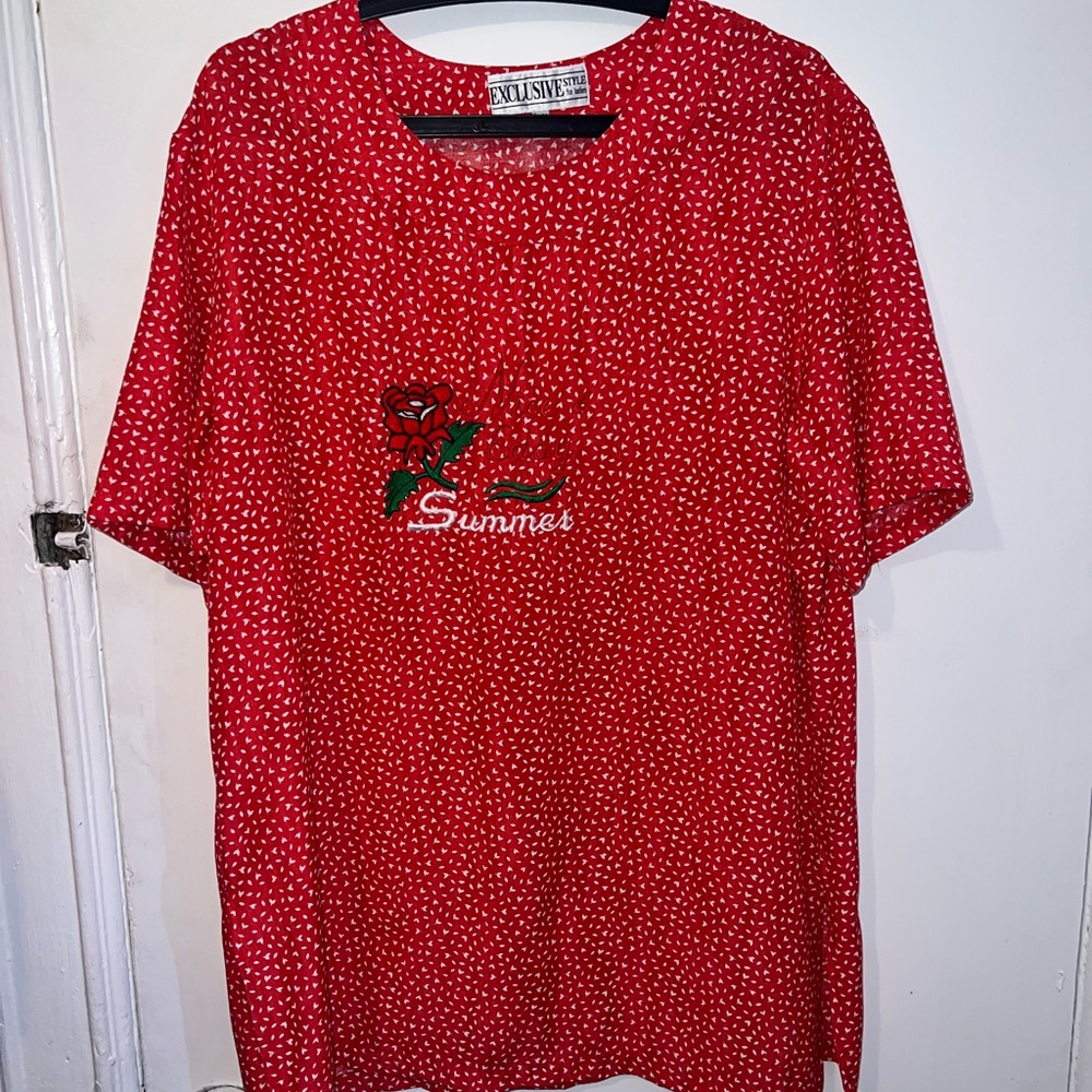 VINTAGE 90s German Kitsch "Easy Summer" Embroidered Top | Red | Unisex M-L